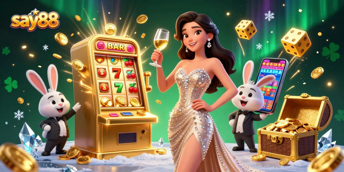 Experience excitement at say88 with a glamorous woman toasting next to a jackpot slot machine in a vibrant casino scene.