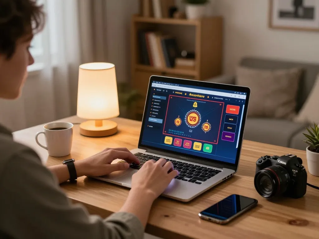 Engaged player at home using laptop for online casino gaming on mb66 platform.