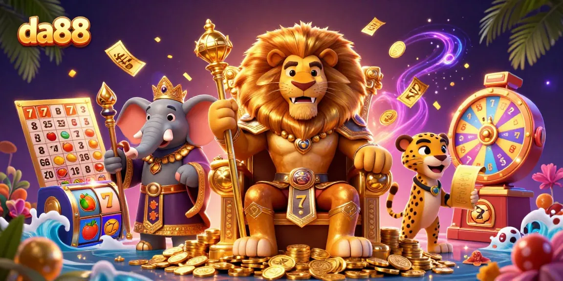 Experience the exhilarating da88 casino atmosphere with a lion king and vibrant game elements in a dynamic 3D illustration.