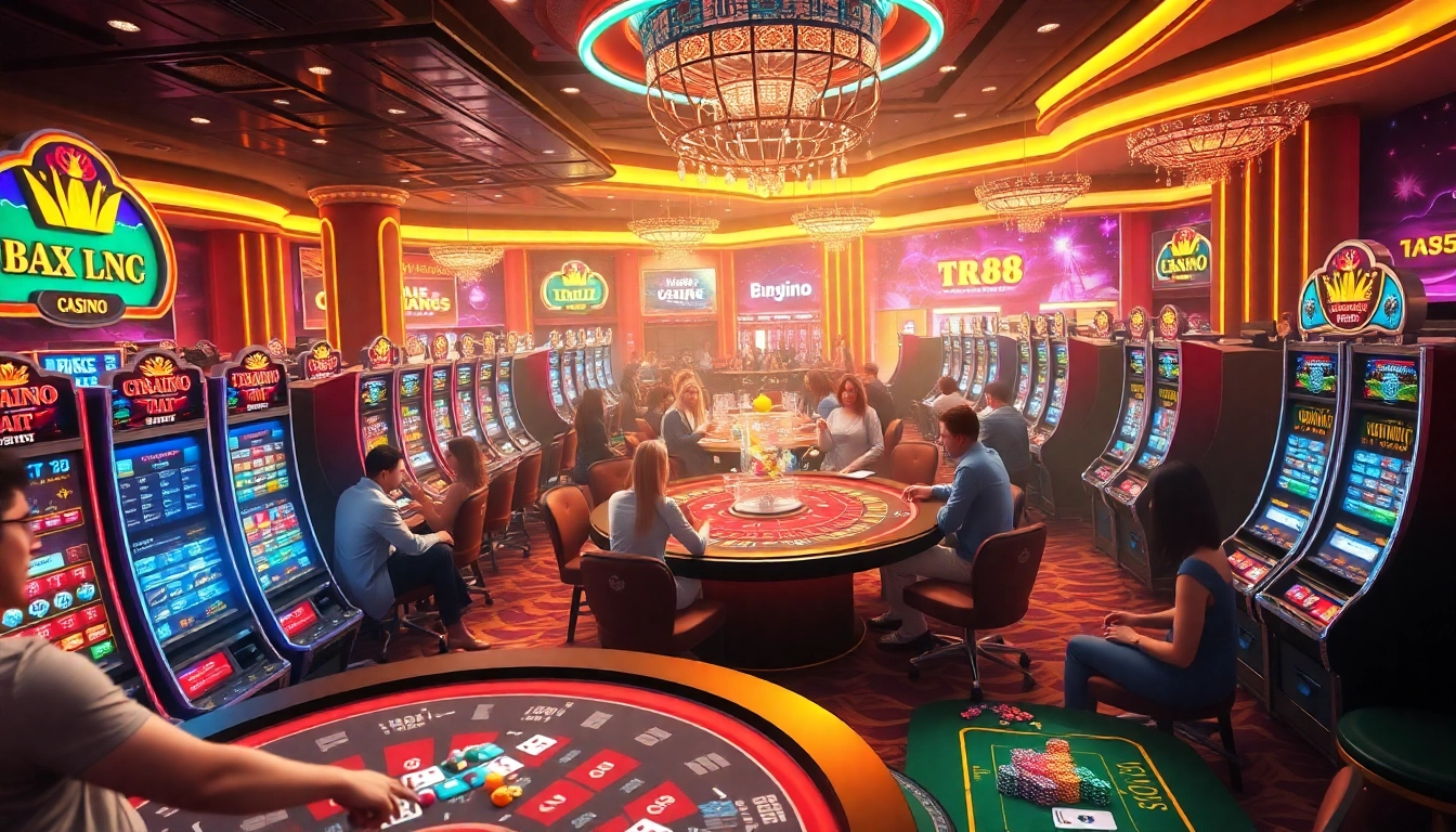 Experience the excitement of the tr88 game with a lively casino scene featuring colorful tables and happy players.