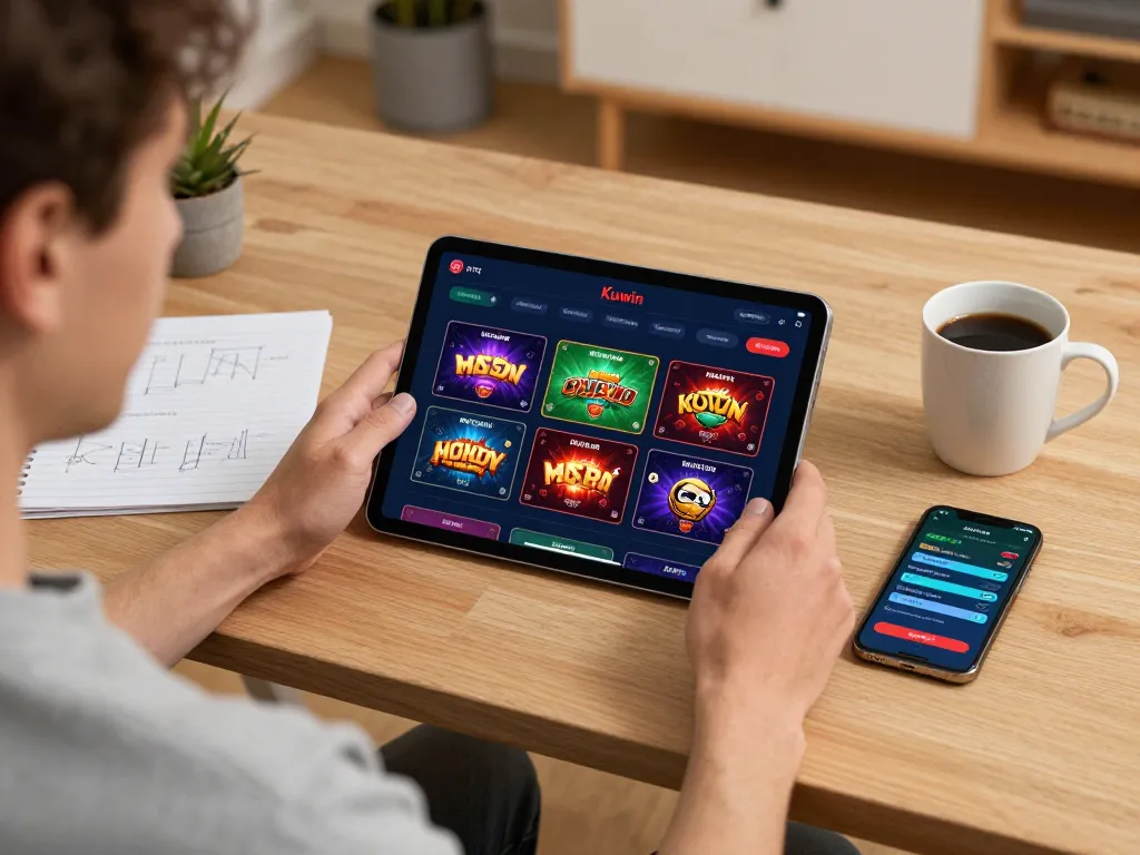 Kuwin user engaging with online casino app on tablet, showcasing exciting gameplay and strategic notes.