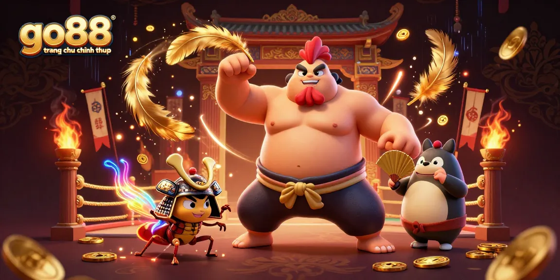 Engage with go88 trang chu chinh thuc in this action-packed 3D illustration featuring an epic sumo rooster.