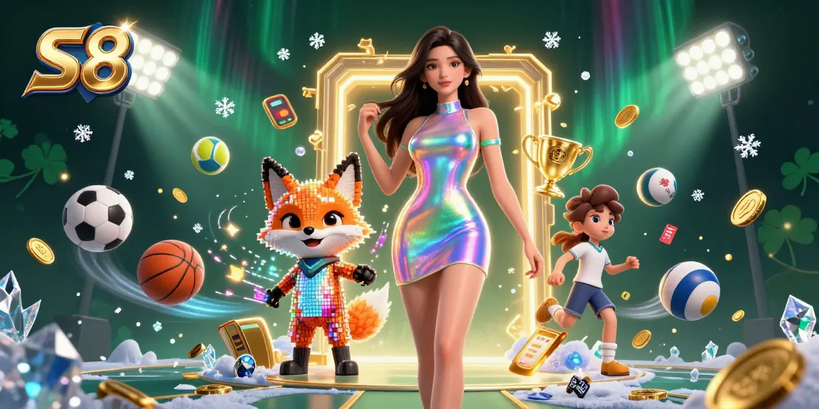 S8 casino celebrates with exciting gaming elements and vibrant visuals, featuring a woman and a digital fox amidst sports balls and dynamic graphics.