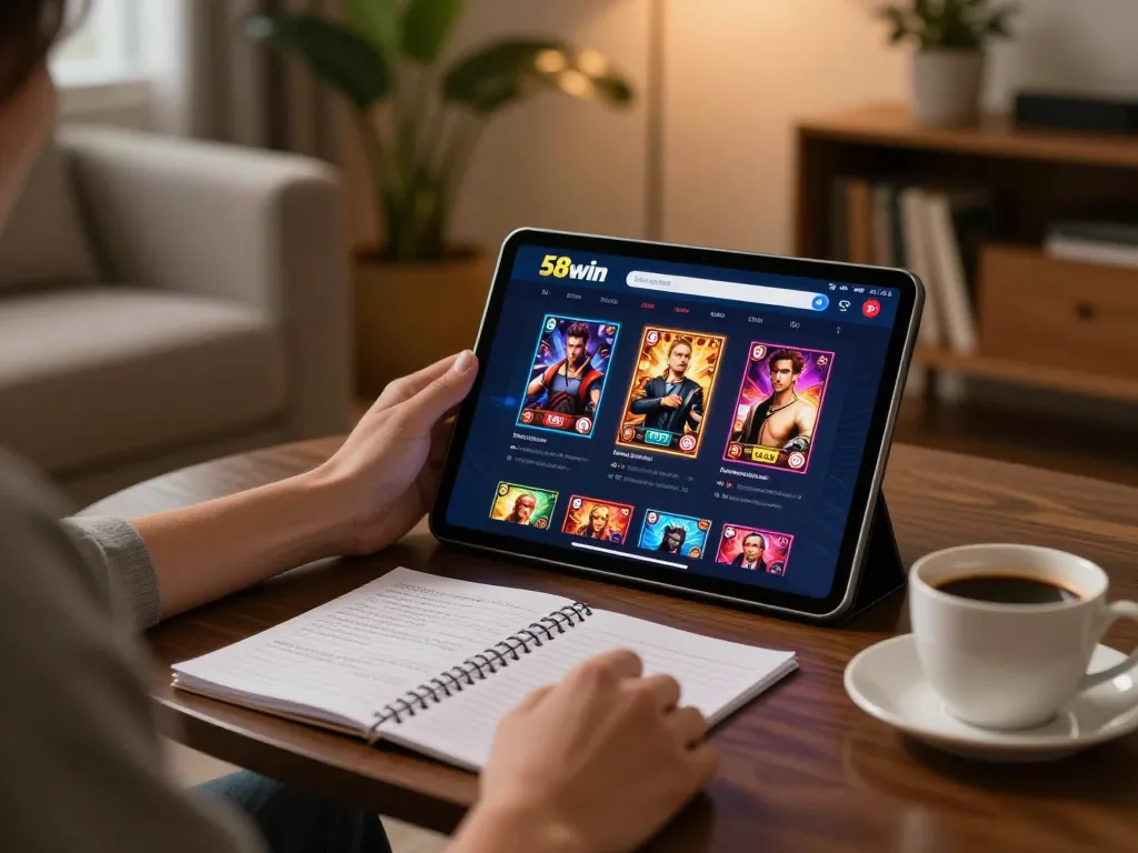 Player enjoying the 58win app on a tablet, showcasing online gaming in a cozy living room