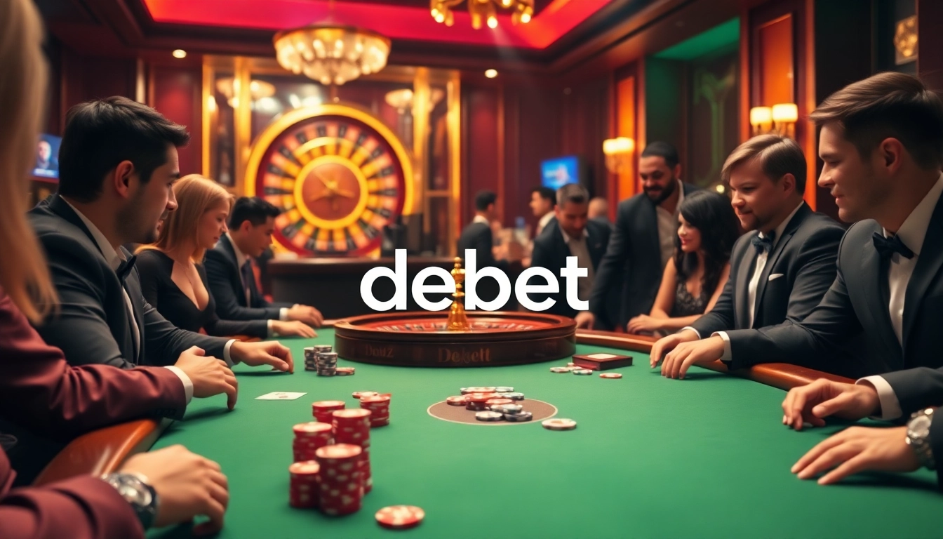 Players enjoying a thrilling poker game with debet branding at a luxurious casino table.