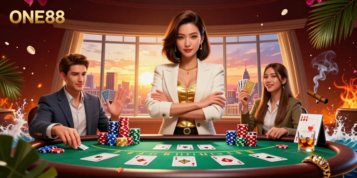 Experience high-stakes gaming at ONE88 with a powerful Asian woman championing casino thrills.