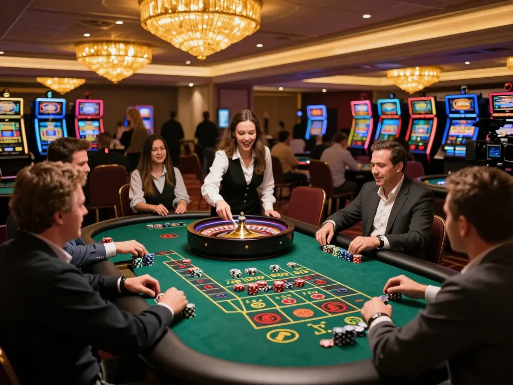 Players enjoying high-stakes roulette action at a luxury casino, showcasing mb66 excitement and strategy.