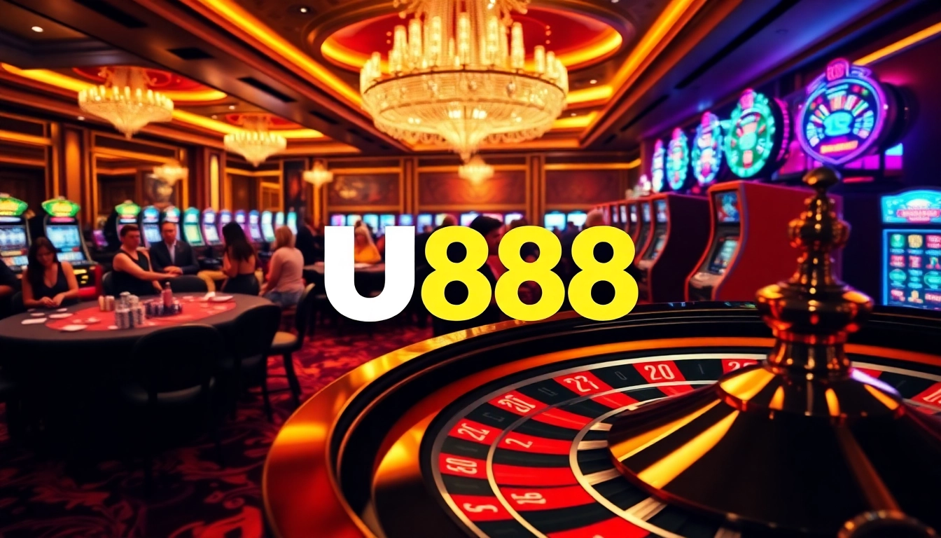U888 gaming experience with lively casino tables and vibrant slot machines.