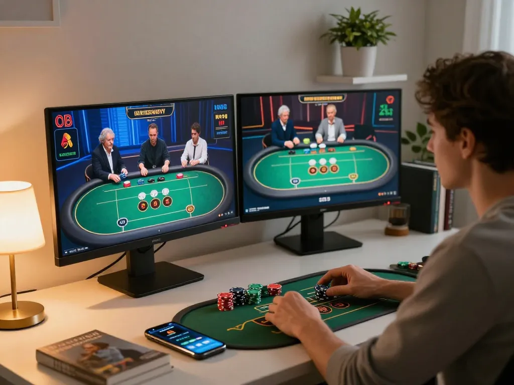 U888 player analyzing strategies on a laptop at home during an online casino session.