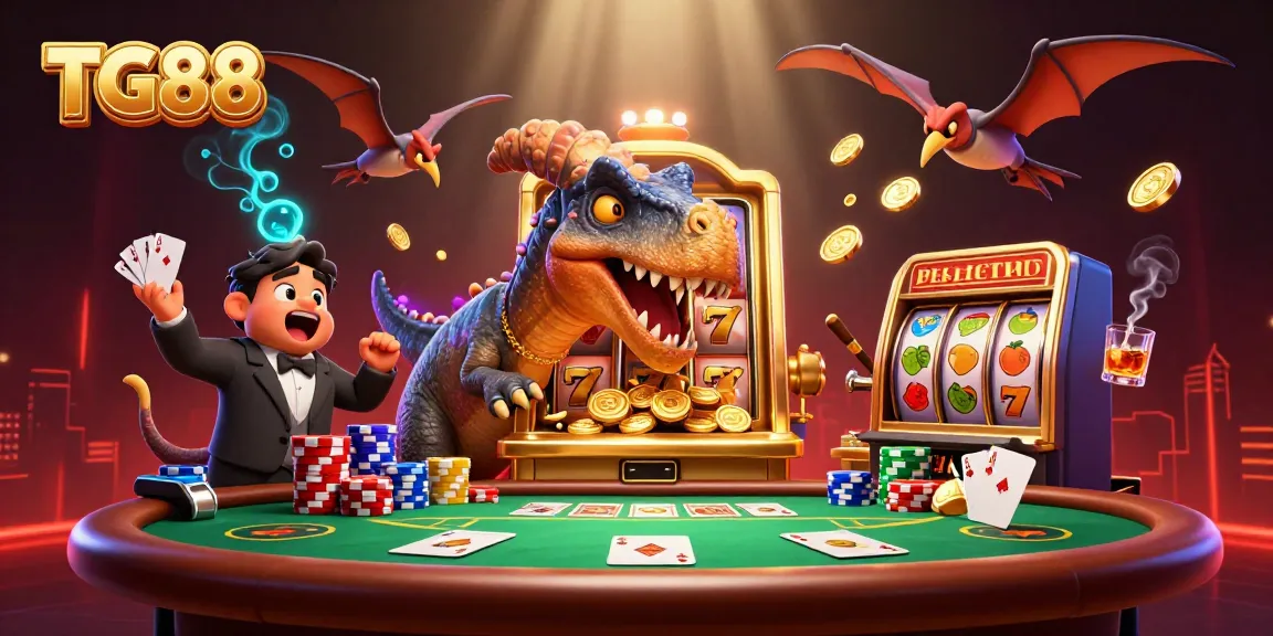 Win big with TG88 as a pachycephalosaurus hits a golden slot machine, showering coins.