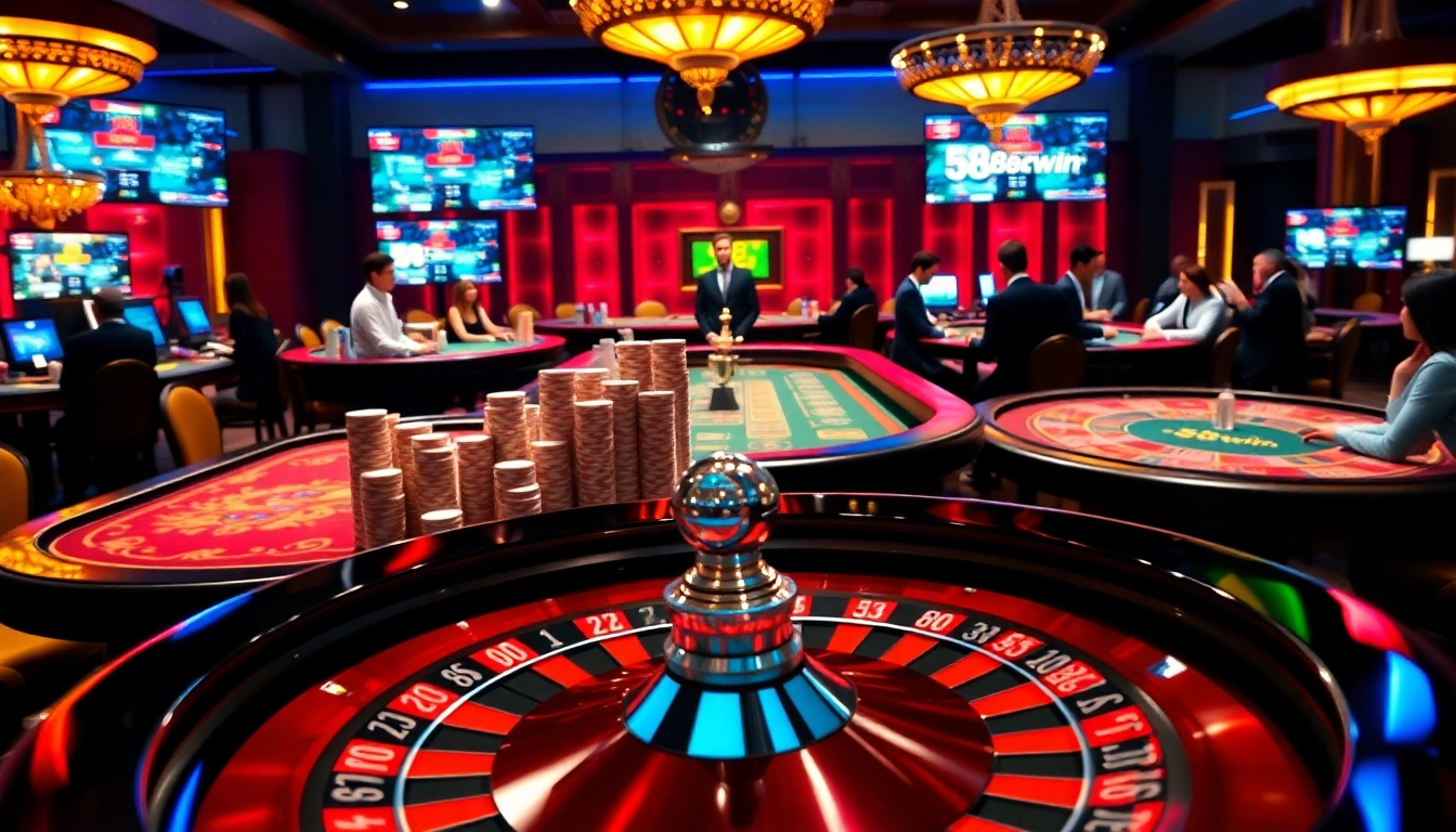 Players enjoying a thrilling game at 58win casino with vibrant tables and roulette wheel.