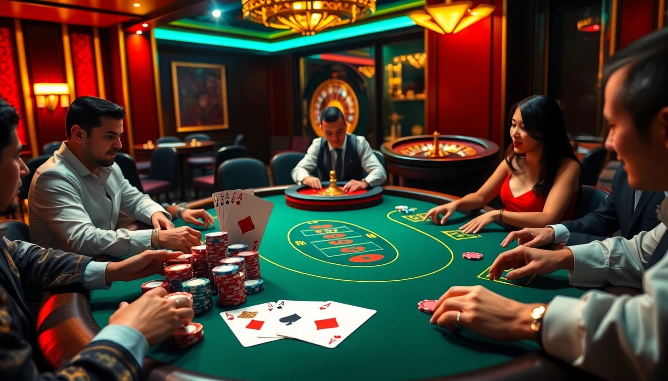Excited players enjoying a poker game at a casino table with hm88 chips and cards.
