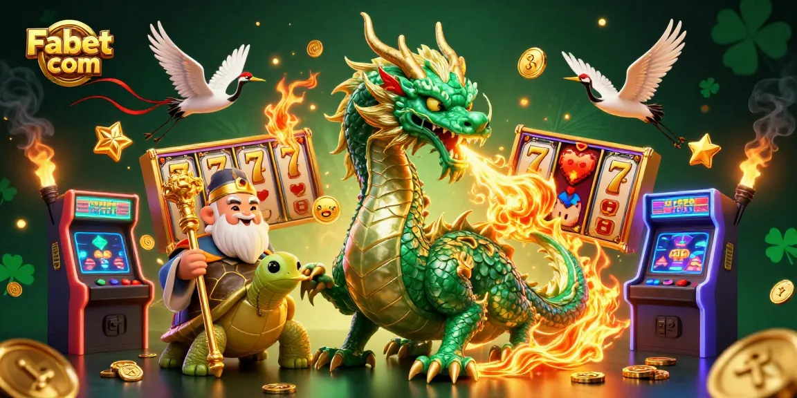 Experience the excitement of Fabet com with a vibrant 3D illustration of a jade dragon and slot machines.