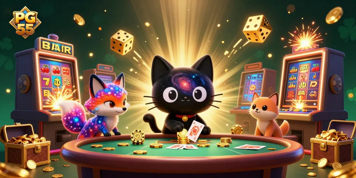 Engage with PG 55's vibrant casino scene featuring a cosmic black hole cat and colorful nebula fox.