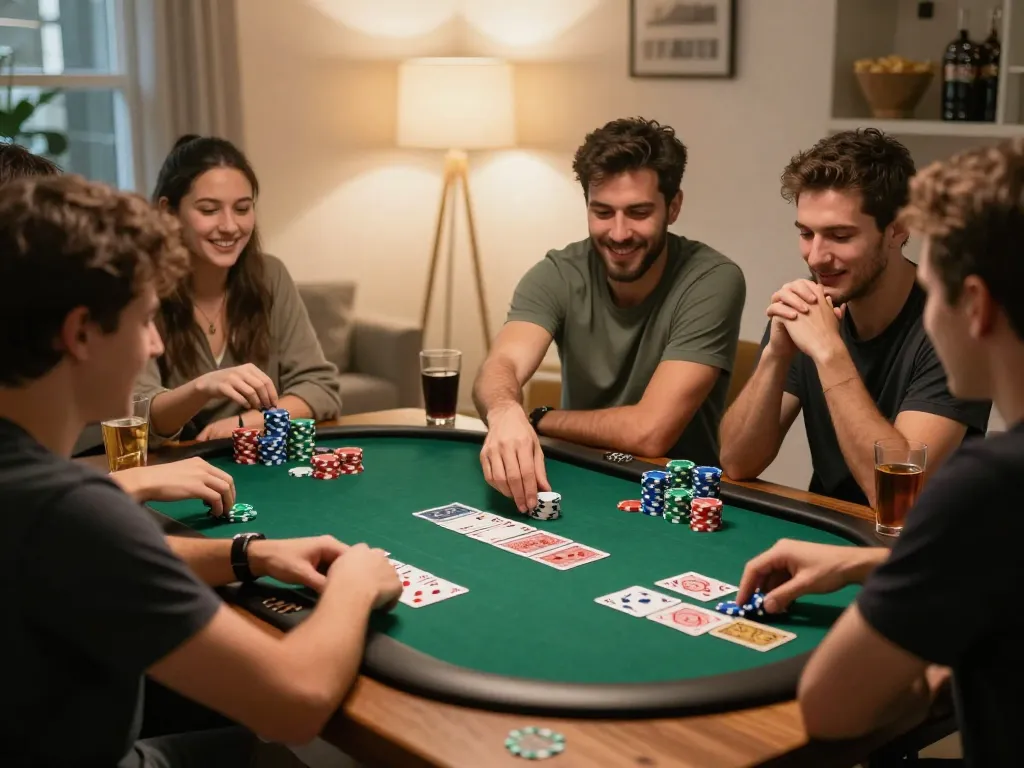 Friends enjoying a poker game night at home, showcasing hitclub camaraderie and strategic gameplay.