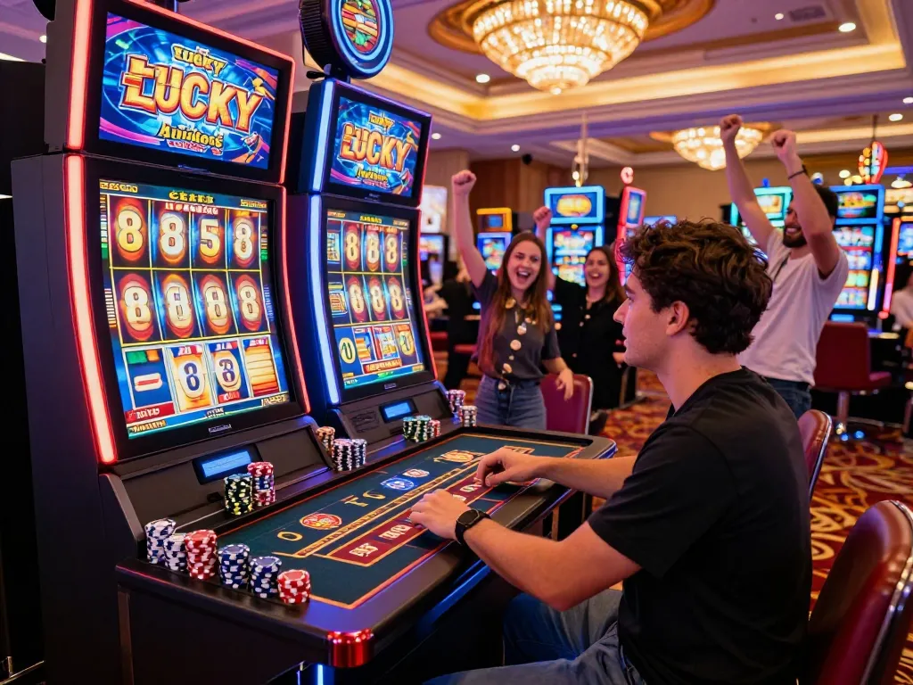 Player winning big on Lucky 88 slot machine surrounded by vibrant casino atmosphere and colorful lights.