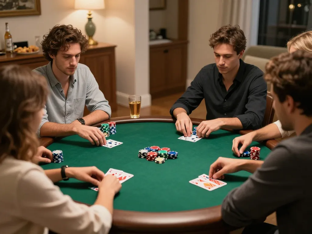 Engaged friends strategizing in a cozy poker game at https://n188.build/, showcasing lively atmosphere and friendly competition.