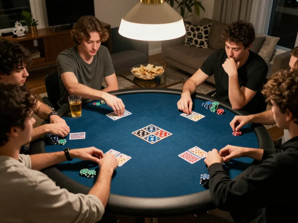 Friends enjoy a lively poker game night at home, showcasing rikvip's engaging atmosphere and competitive spirit.