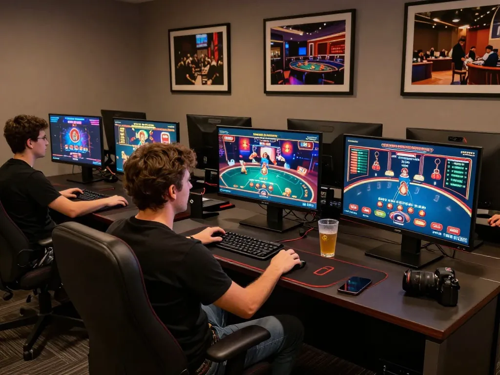 Engaged player enjoying online casino games on multiple screens, showcasing 789bethv gaming setup.