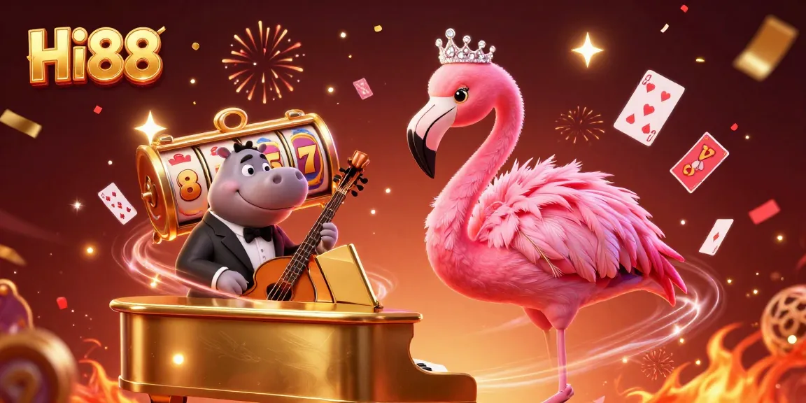 Hi88 offers an exciting gaming experience with a vibrant 3D casino atmosphere featuring a flamingo singer and hippo bassist.