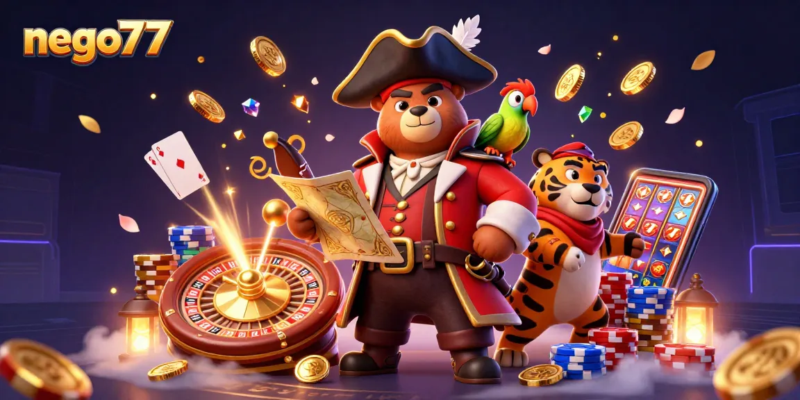 Play exciting games with nego77 featuring a pirate bear, tiger, and treasure in a colorful gambling world.