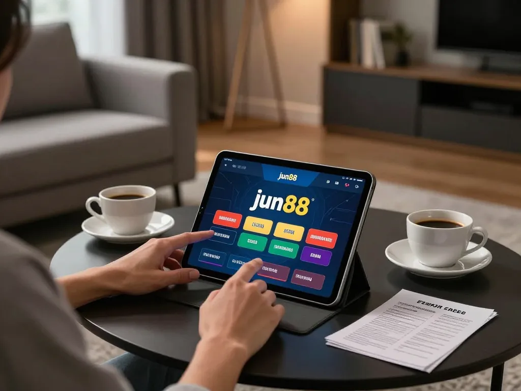 Engaging gaming at jun88 on a tablet in a cozy home environment