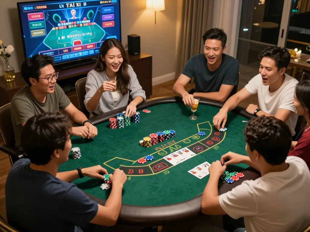 Engaged players enjoying Tài xỉu online during a home gaming night, creating a vibrant atmosphere.