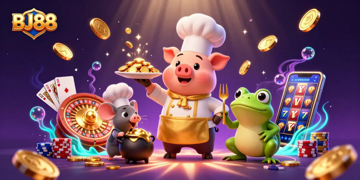 Experience the excitement of BJ88 with this vibrant scene featuring a pig chef, mouse sous-chef, and frog critic in a bustling casino atmosphere.