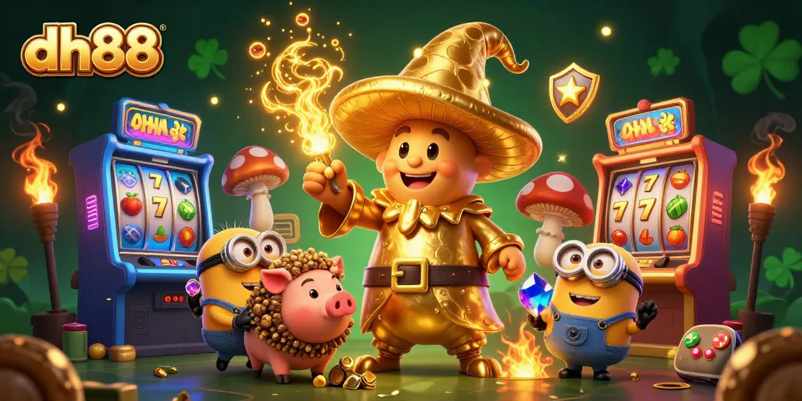 Spin the reels with dh88’s vibrant 3D magical casino illustration showcasing the wizard, truffle pig, and gemstones.