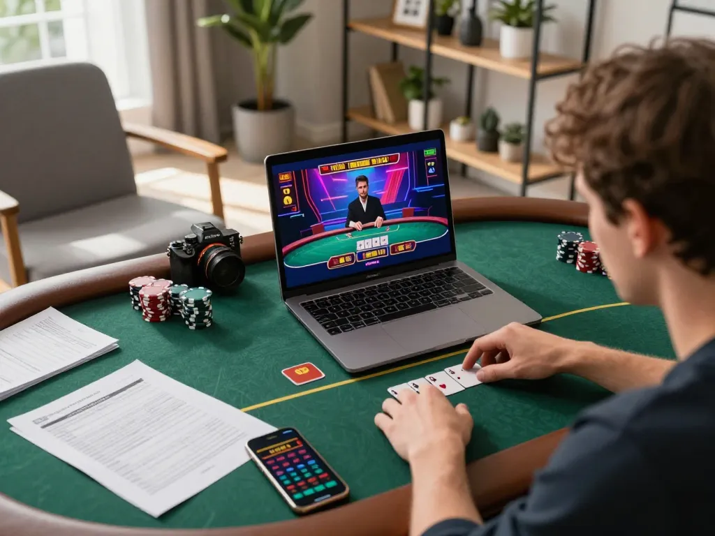 Player engaging in an online poker game at home with vip79 platform on laptop, showcasing strategic betting and immersive gameplay.