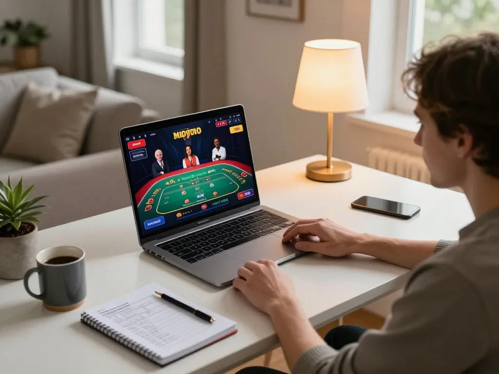 Tin88 player engaged in online casino game, showcasing strategic notes and comfortable home setup