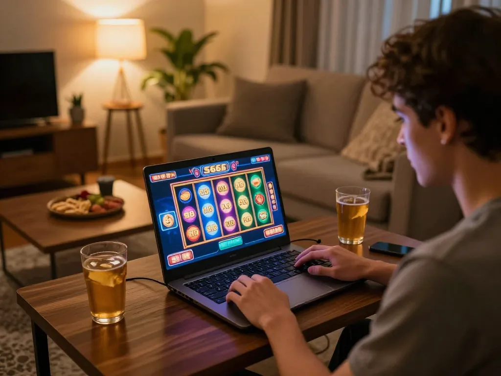 S666 user enjoying thrilling online slot gaming experience in a cozy home setup.