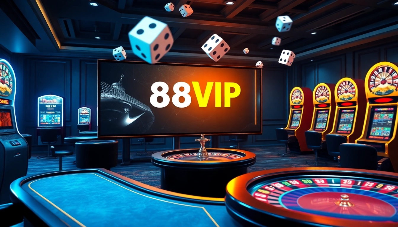 Experience the exciting 68VIP online casino with vibrant tables, chips, and spinning roulette wheels.
