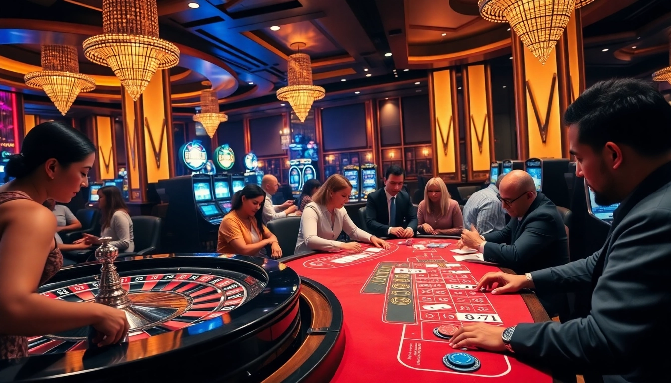 Players enjoying high-stakes games at SUNCITY88 casino with poker chips and roulette wheel.