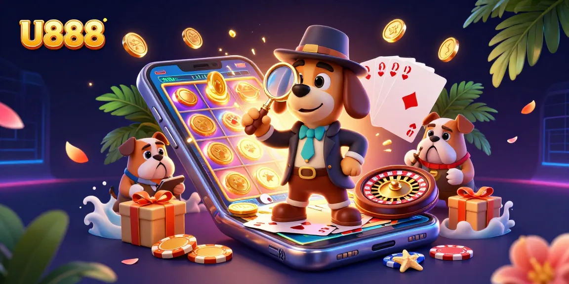 U888 detective exploring a golden poker chip clue amidst colorful gambling elements and vibrant details.