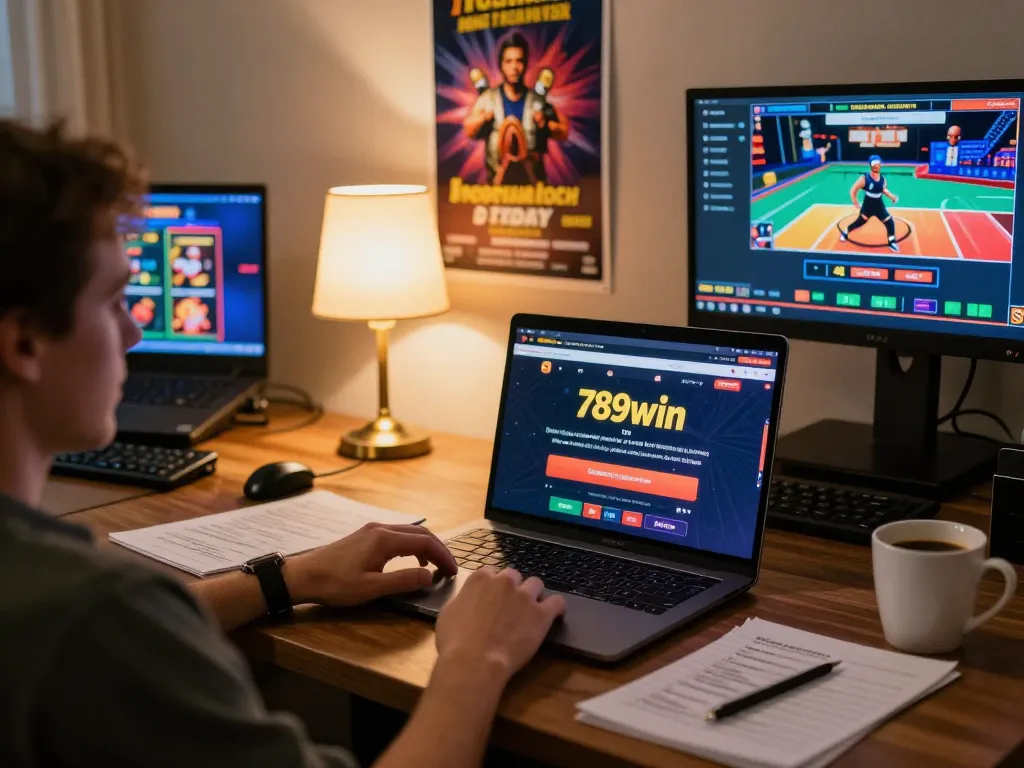 Engaging online casino experience with 789win platform and strategic gaming setup at home.