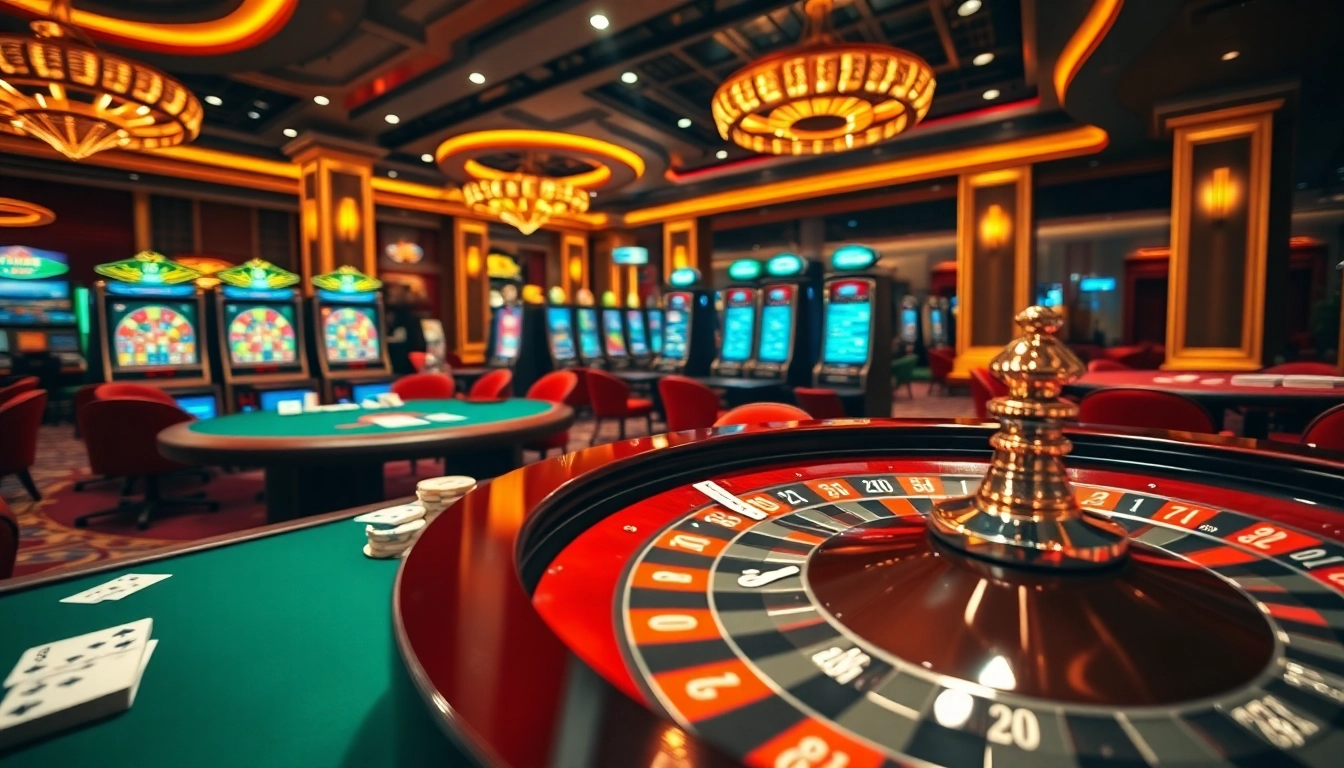 Visual representation of a vibrant casino scene showcasing nhà cái uy tín with roulette, poker tables, and slot machines.