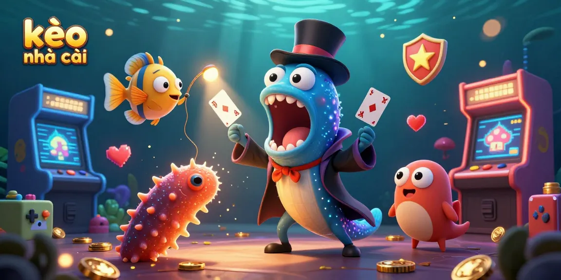Engage in kèo nhà cái magic with a bioluminescent eel and anglerfish in an underwater casino scene.