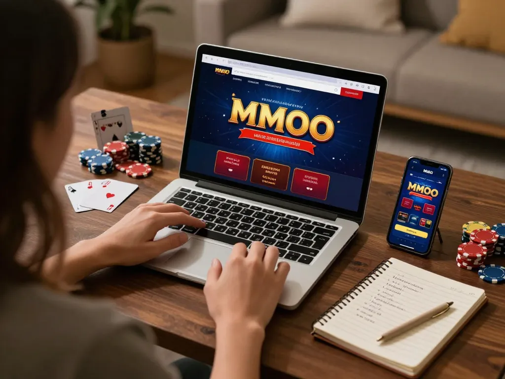 MMOO online casino gaming setup with player engaging on laptop and smartphone in a cozy environment.