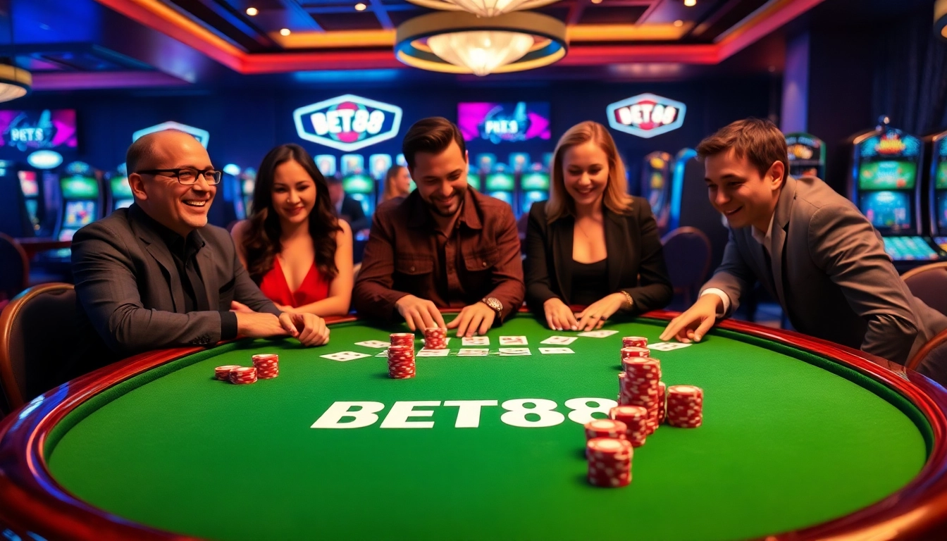 Engage with BET88 at a vibrant casino table filled with poker chips and cards in an exciting gambling atmosphere.