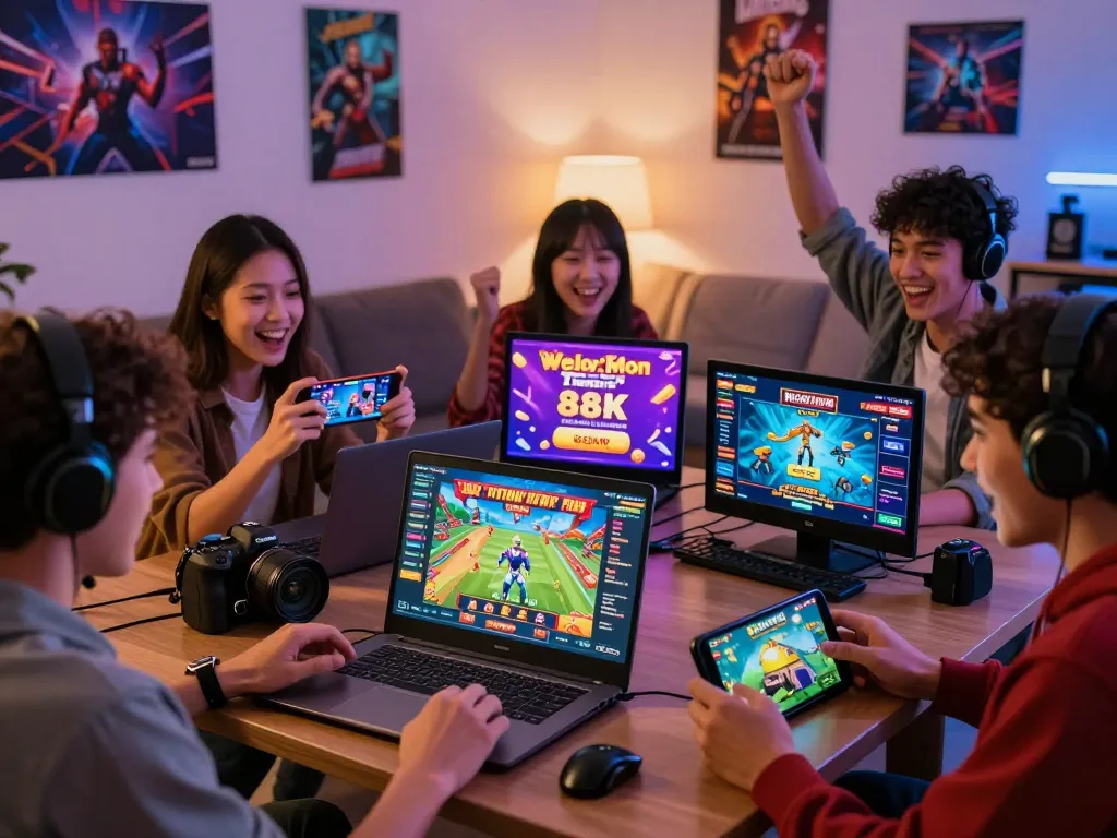 Players enjoying diverse games and 88K welcome bonus at bem88 in a lively setting.