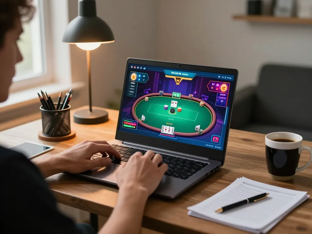 Engage in strategic gameplay at luck8 while using a laptop in a cozy home setting.