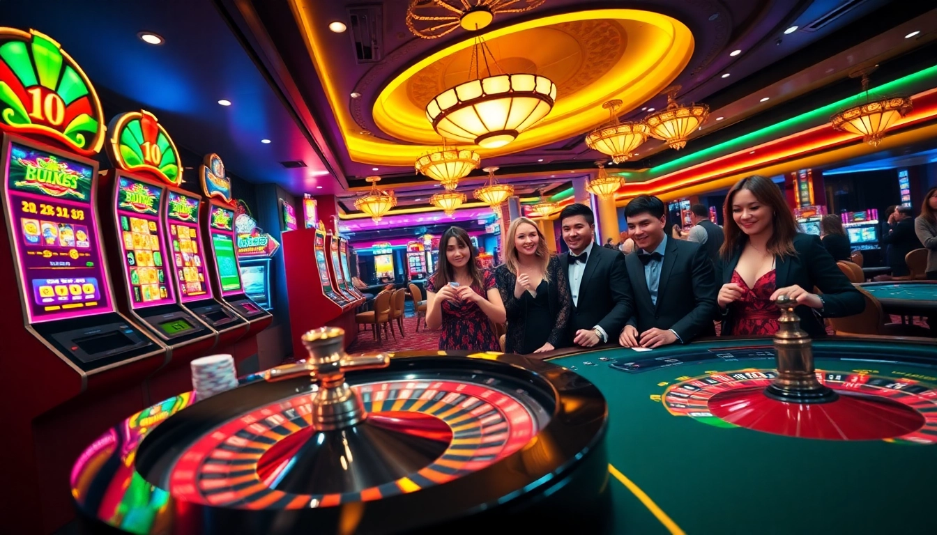 A thrilling scene at https://98win9.bid/ with players engaged in high-stakes poker, vibrant slot machines, and roulette action.