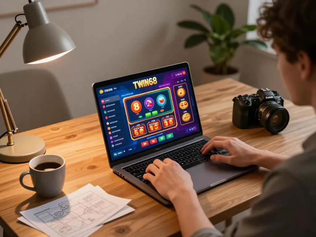 TWIN68 online gaming experience in a cozy home setup with vibrant game interface displayed.