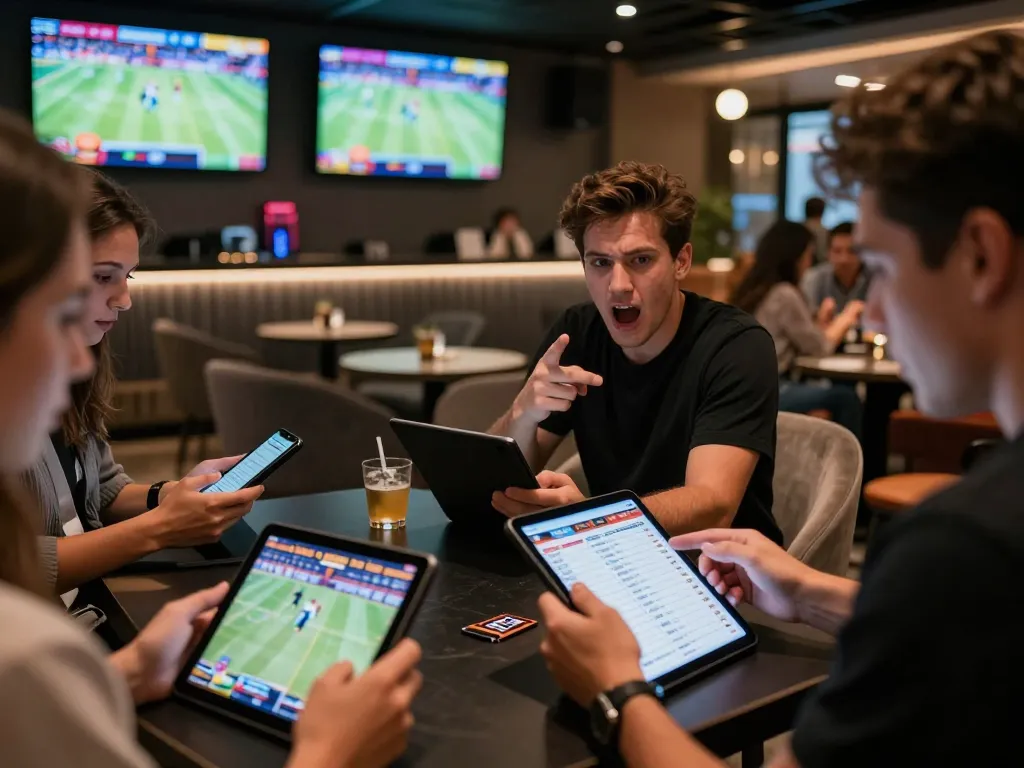 Excited bettors at a sports lounge using the 789WIN app to place strategic bets during games.