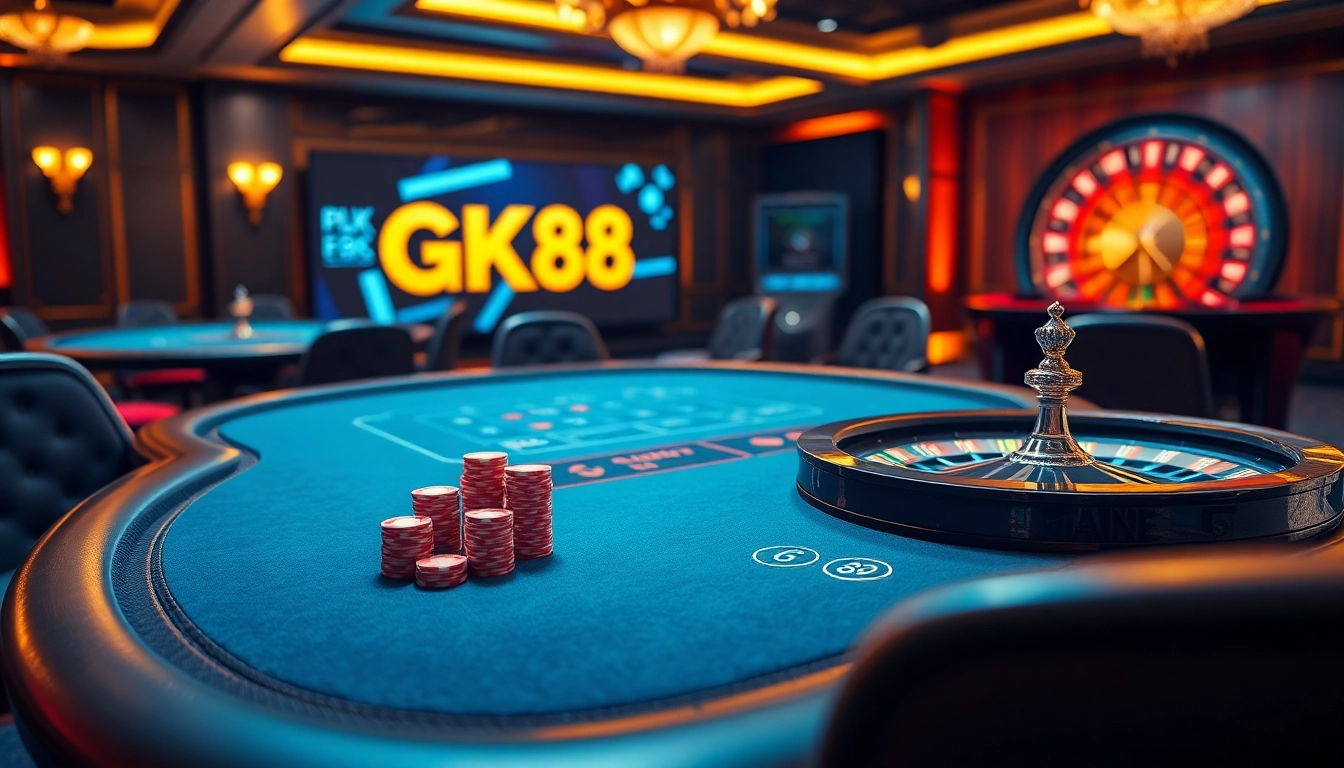 Experience the excitement of GK88 with vibrant poker tables and dynamic online casino elements.