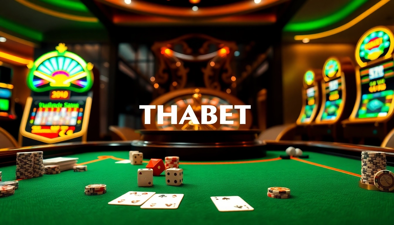 Experience the thrill of THABET with vibrant casino ambience, showcasing cards and dice in play.