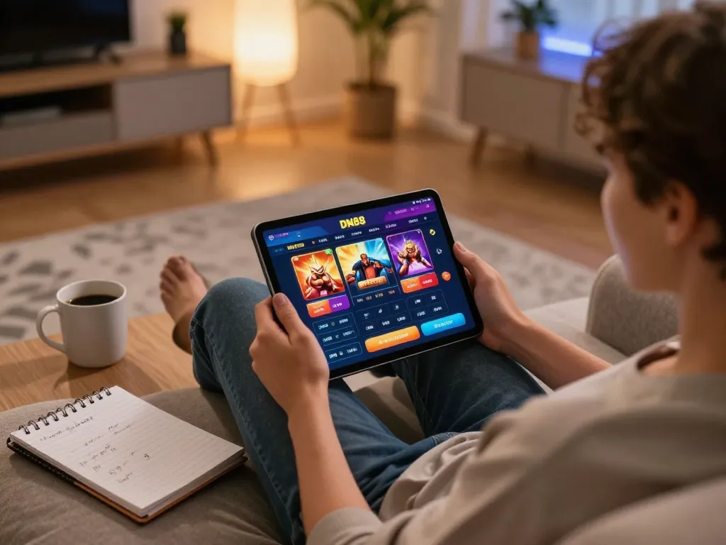 Engaging gameplay on DN88 online casino app vividly displayed on tablet in cozy living room.