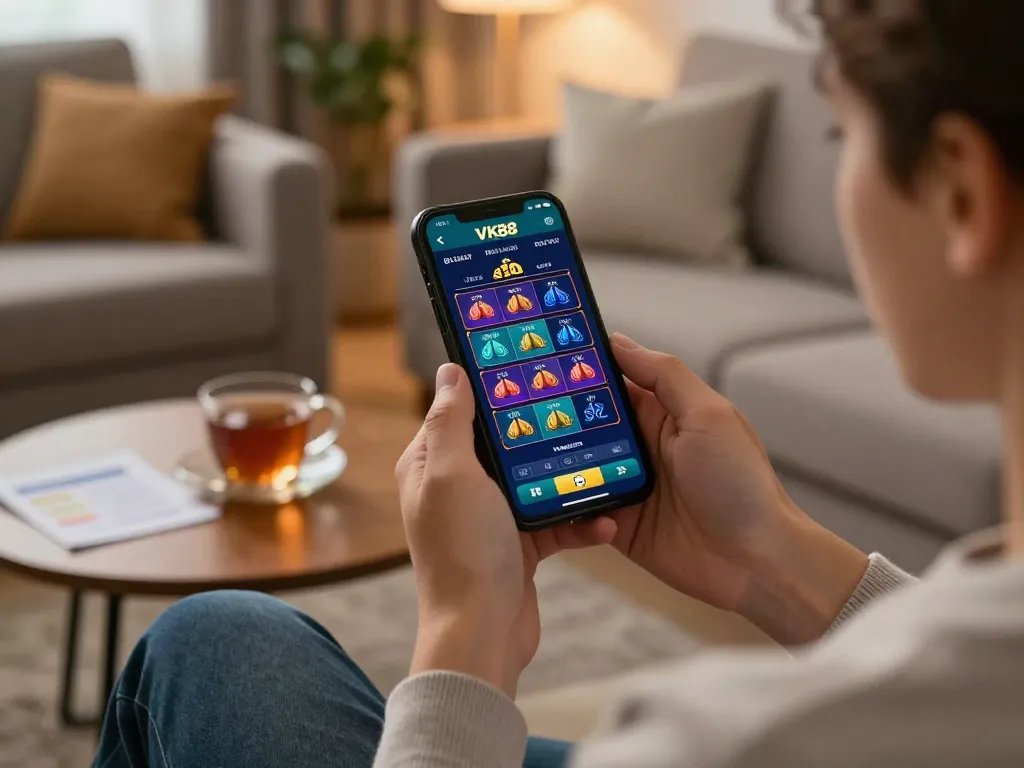 Player exploring exciting betting options on VK88 mobile app in a cozy home setting.