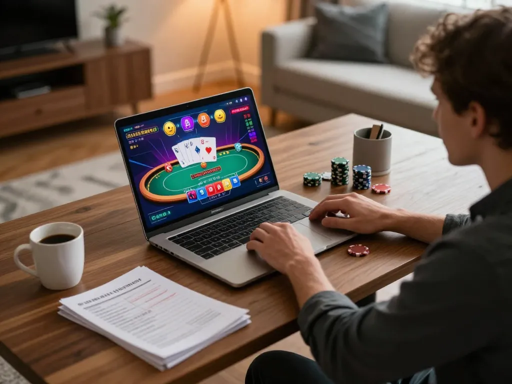 Engaging online casino gameplay on laptop featuring Ok9 poker interface with vibrant graphics